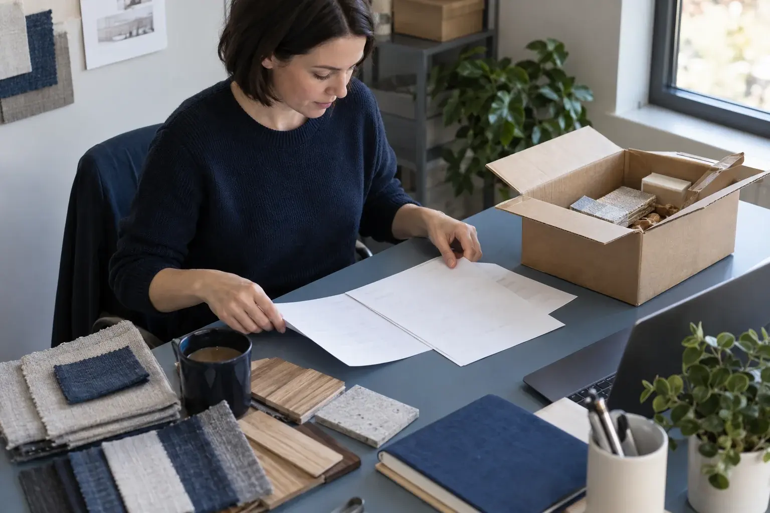 Coordinator arranges documents beside material samples and an open carton.