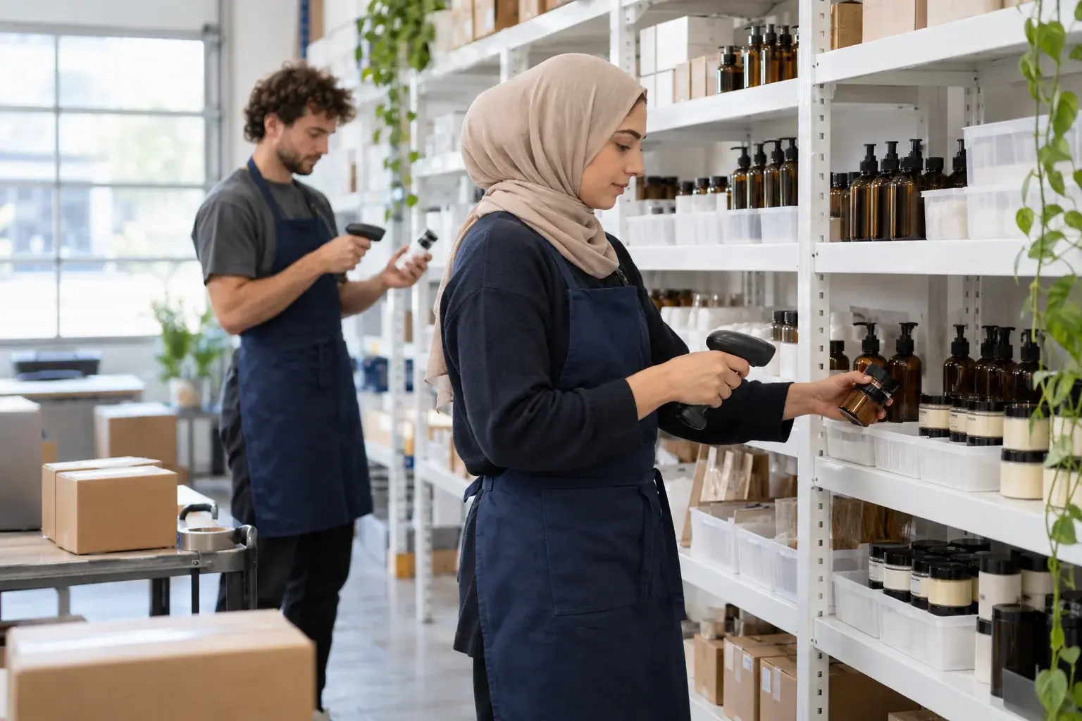 Two staff members scan bottles and jars on organized storage shelves.