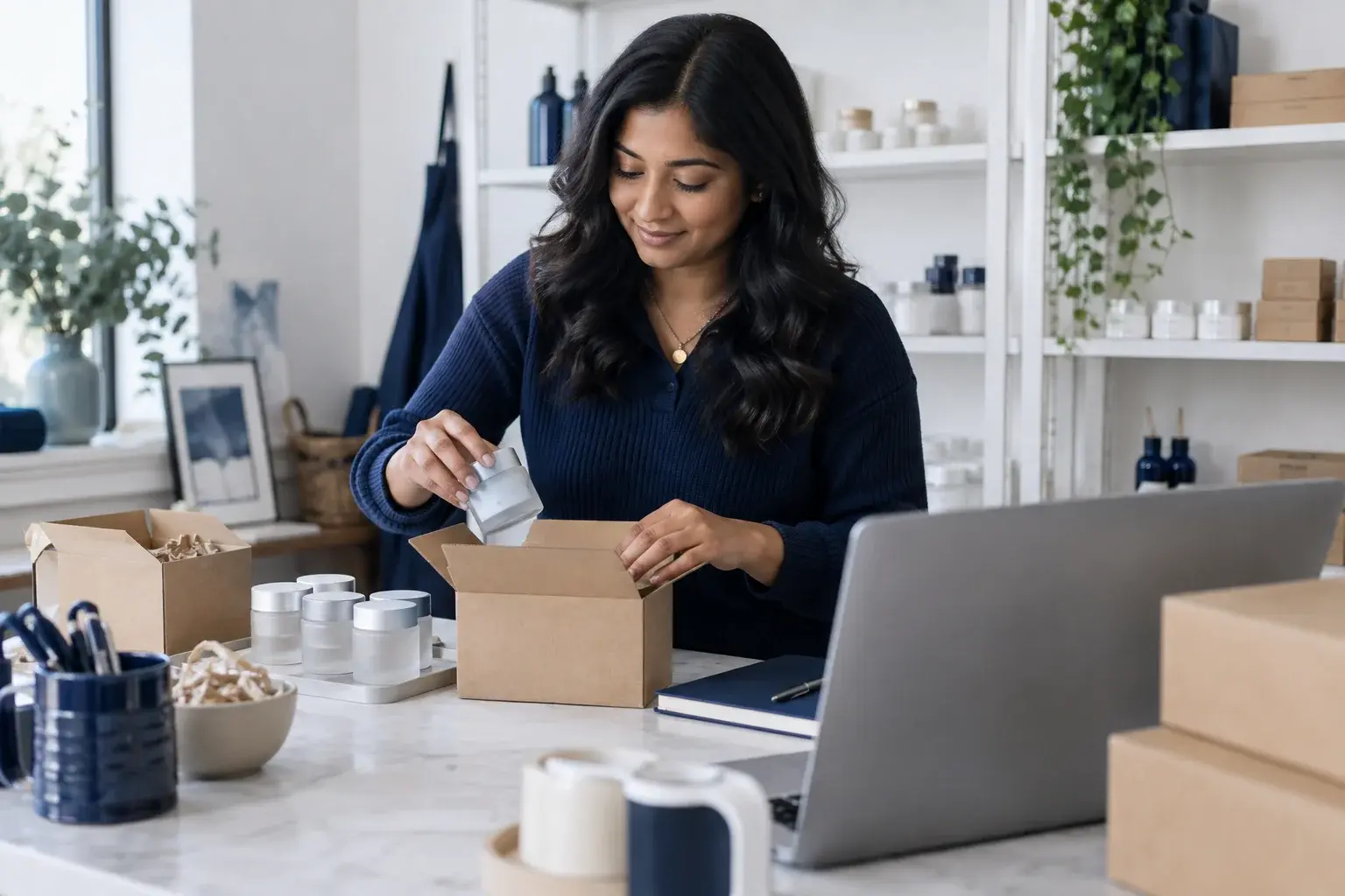 Skincare merchant places a jar into a small carton beside a laptop.