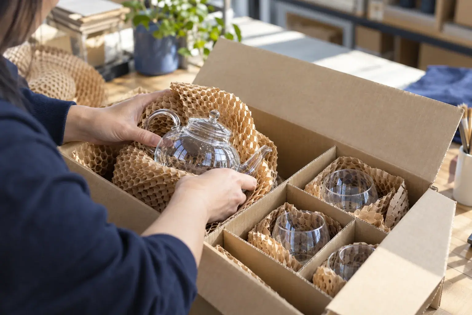 Hands nestle a glass teapot and glasses in honeycomb paper inside a divided carton.