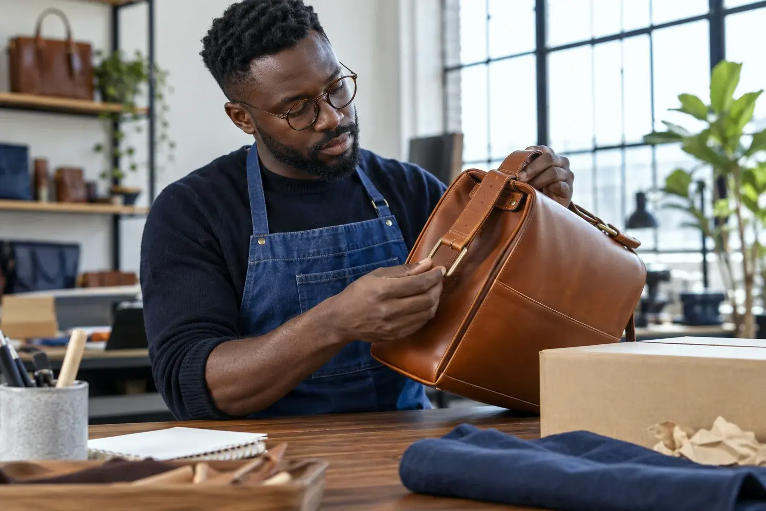Leather artisan checks the strap and stitching of a handmade bag.