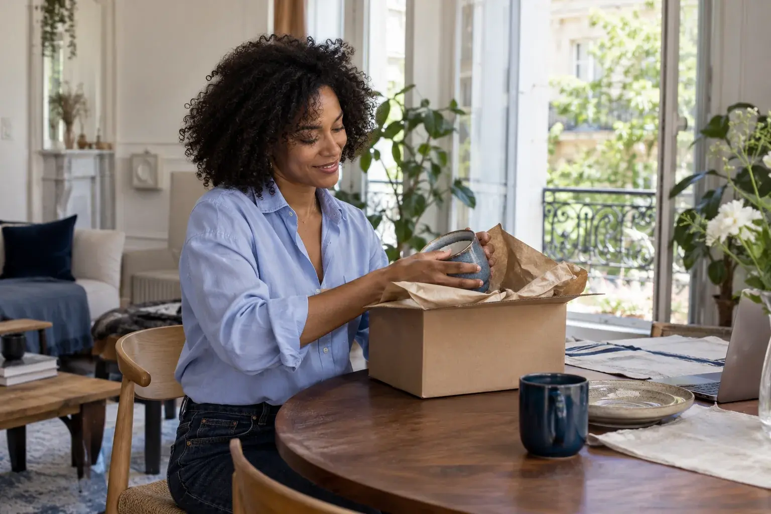 Customer lifts a ceramic pot from a parcel at a dining table.