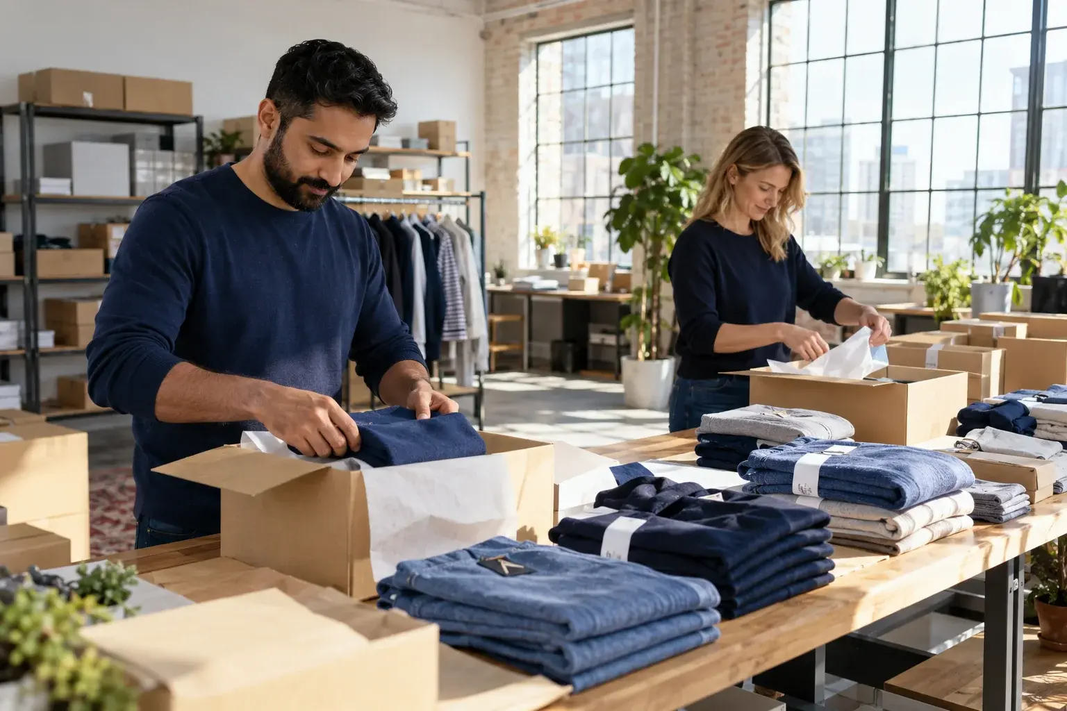 Two staff members pack folded clothing along a row of open cartons.