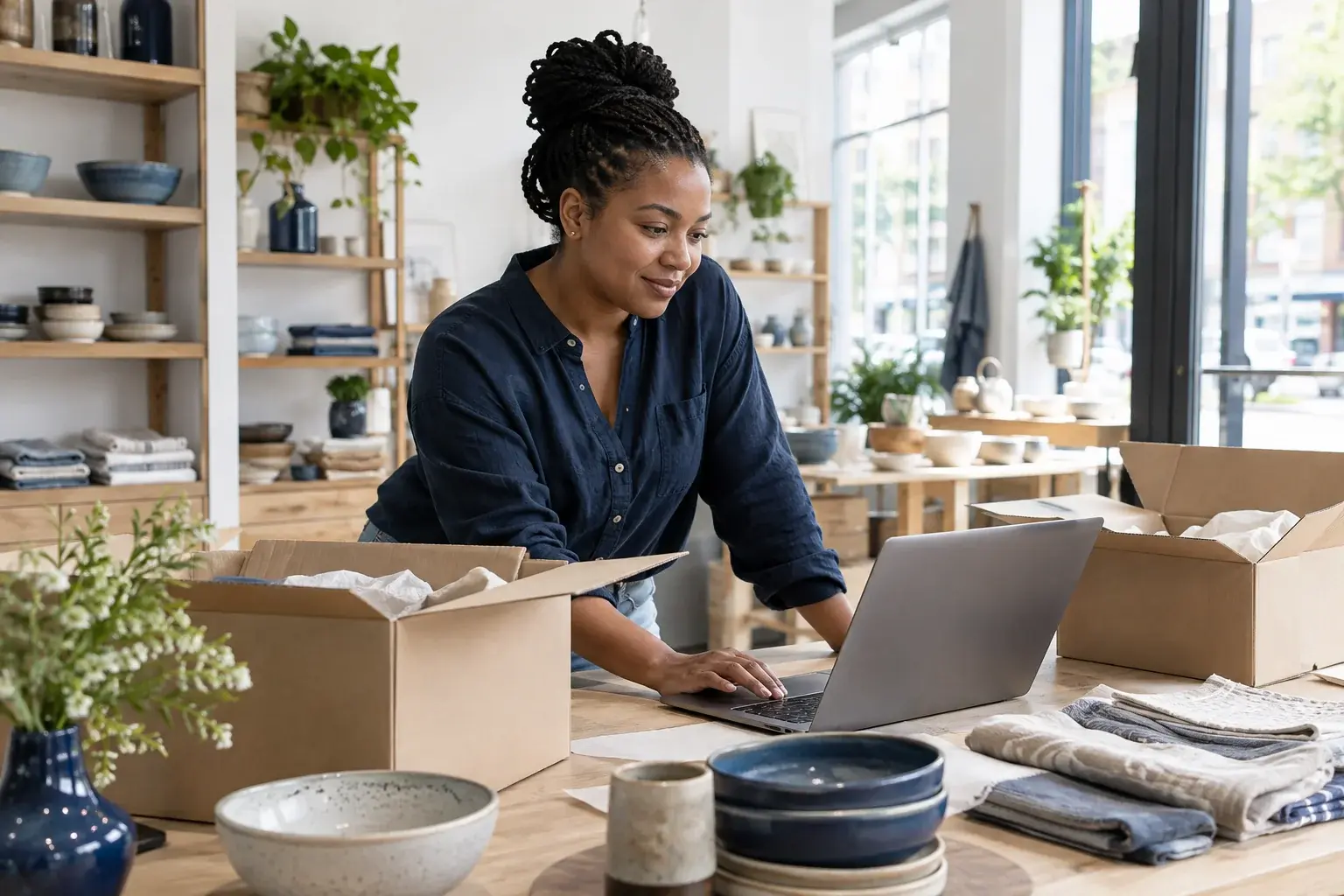 Merchant uses a laptop beside open cartons, ceramics and folded linens.