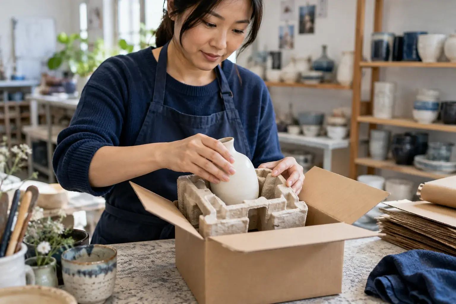 Potter places a ceramic vase into protective packaging inside a carton.
