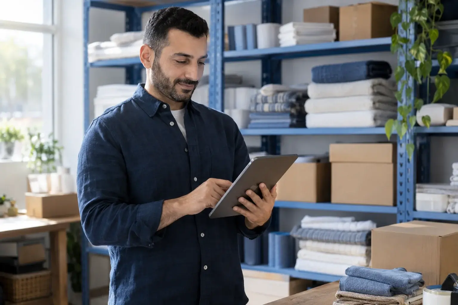 Shopkeeper uses a tablet beside shelves of towels and shipping cartons.