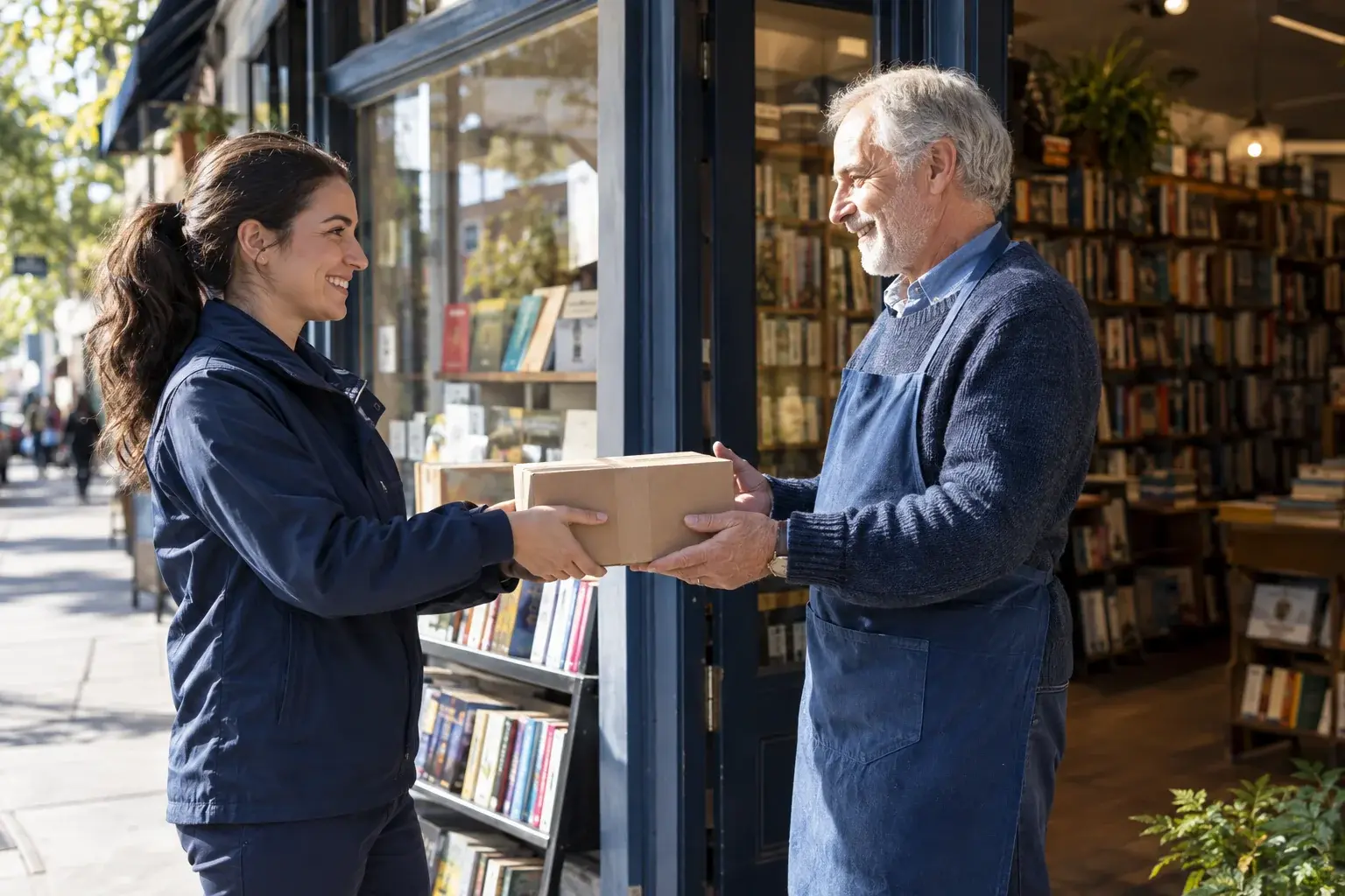 Courier hands a parcel to a bookseller at the shop entrance.