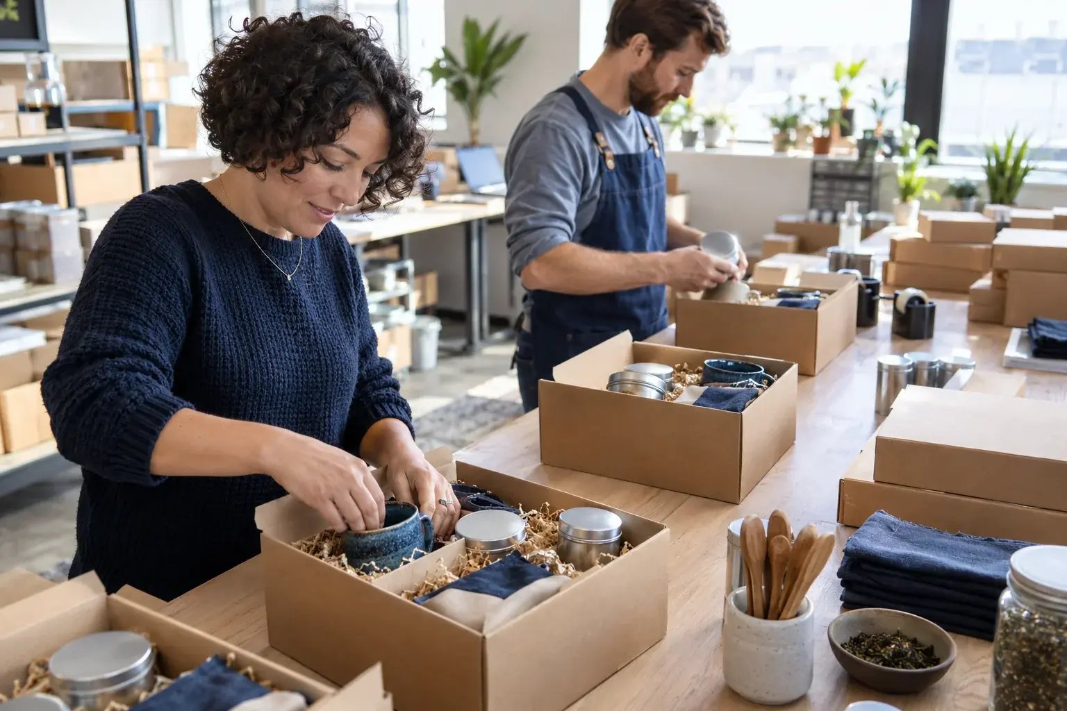 Staff pack mugs and tea tins into rows of subscription boxes.