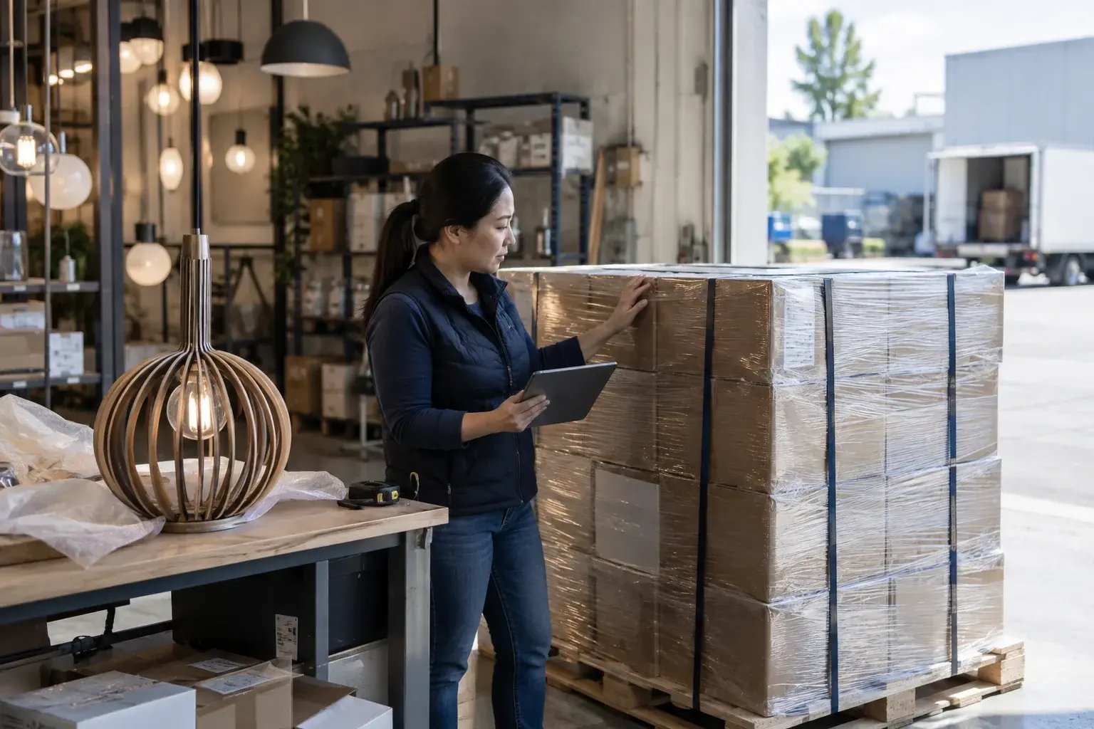 Lighting merchant checks a wrapped pallet beside a pendant light and loading bay.