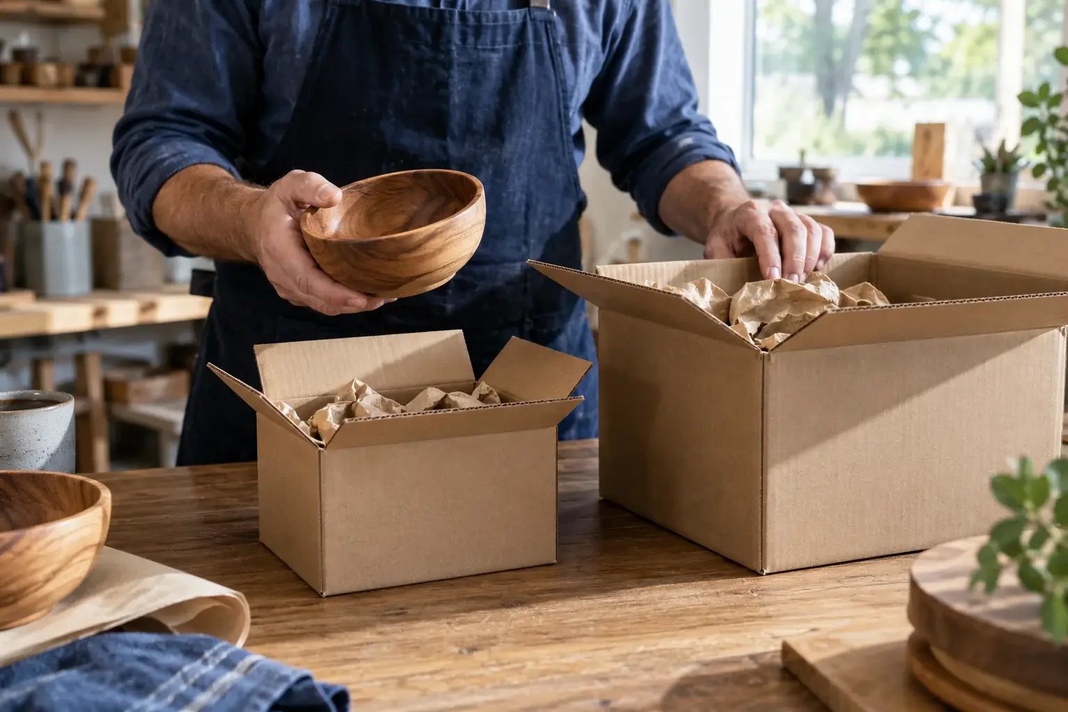 Maker holds a wooden bowl beside two different sizes of packing carton.