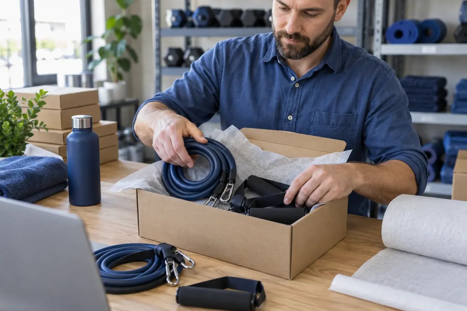 Seller packs resistance bands and handles into a small carton.