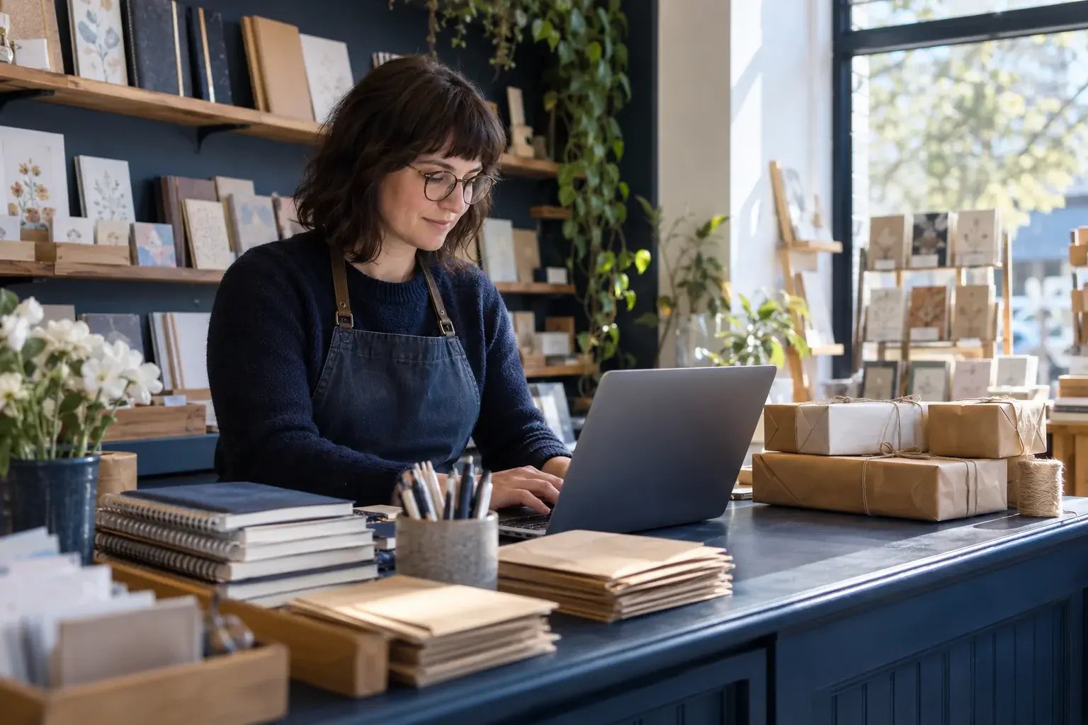 Stationery merchant uses a laptop beside notebooks, envelopes and wrapped parcels.