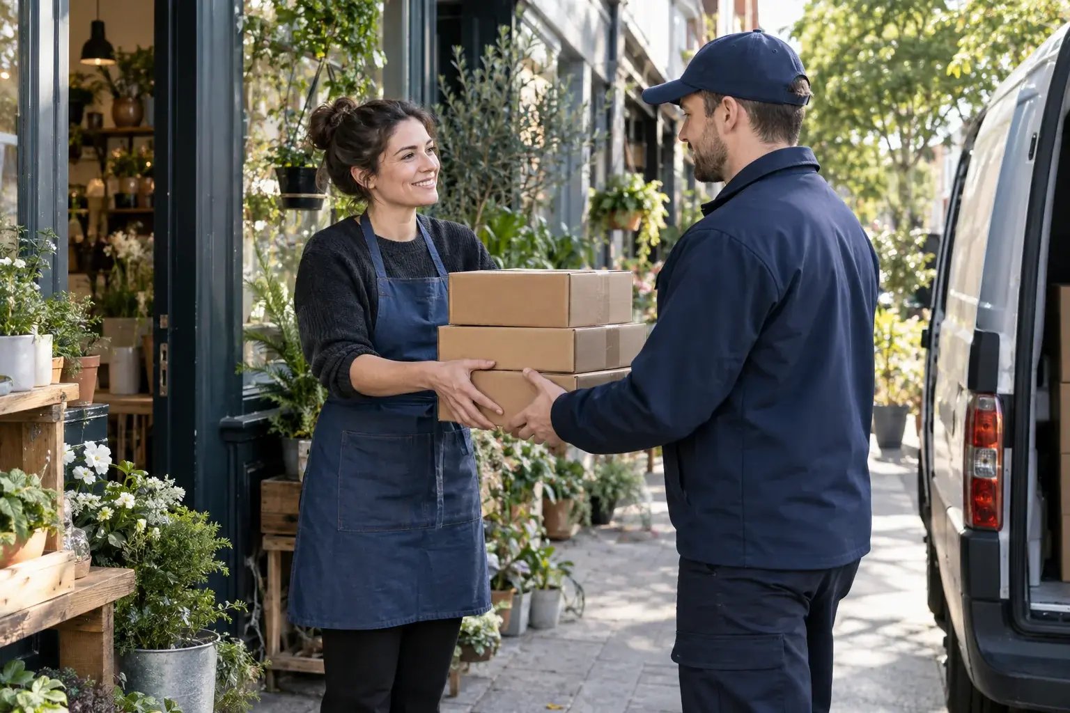Courier collects a stack of sealed parcels outside a plant shop.