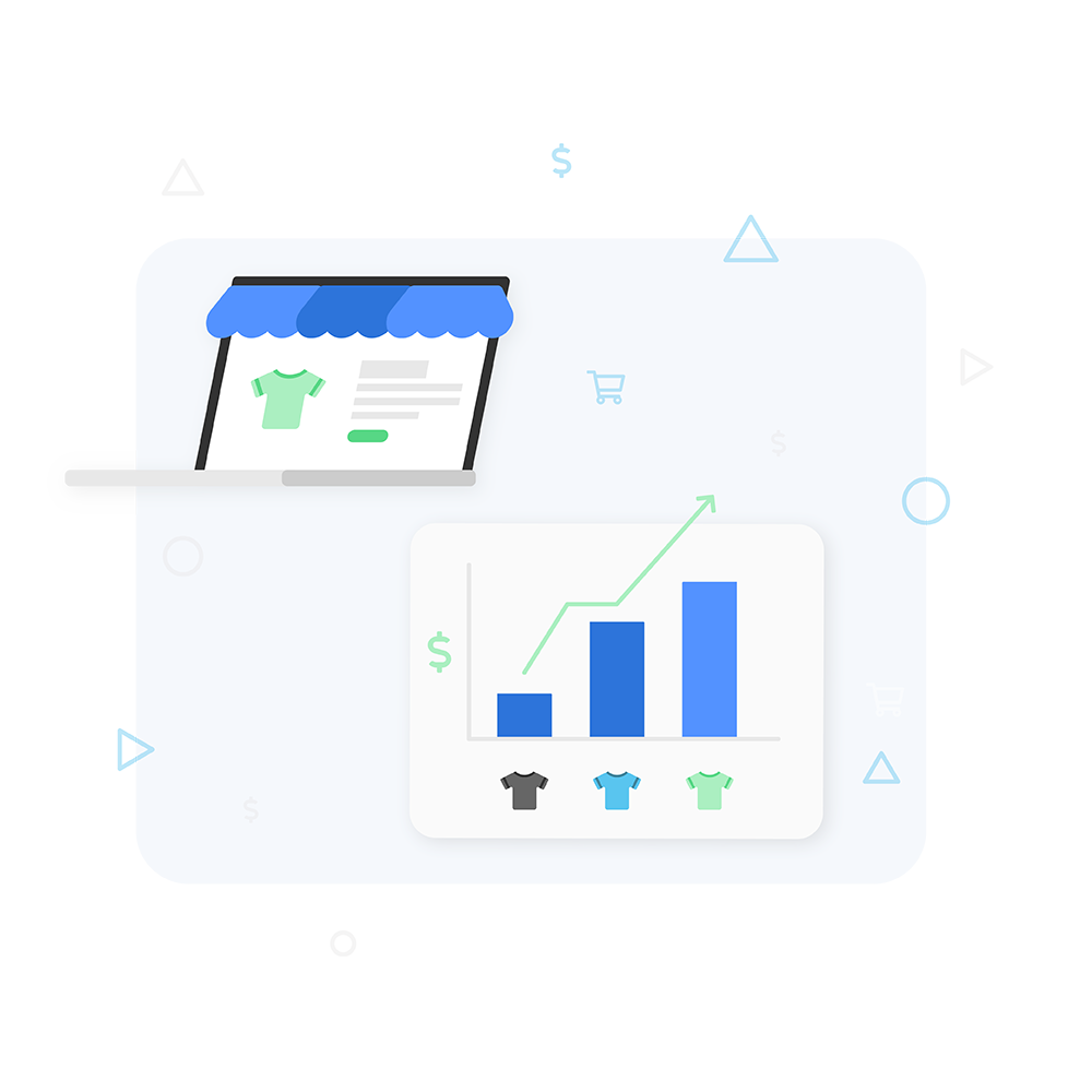 Product page displayed on a laptop and a bar graph showing growth for a business