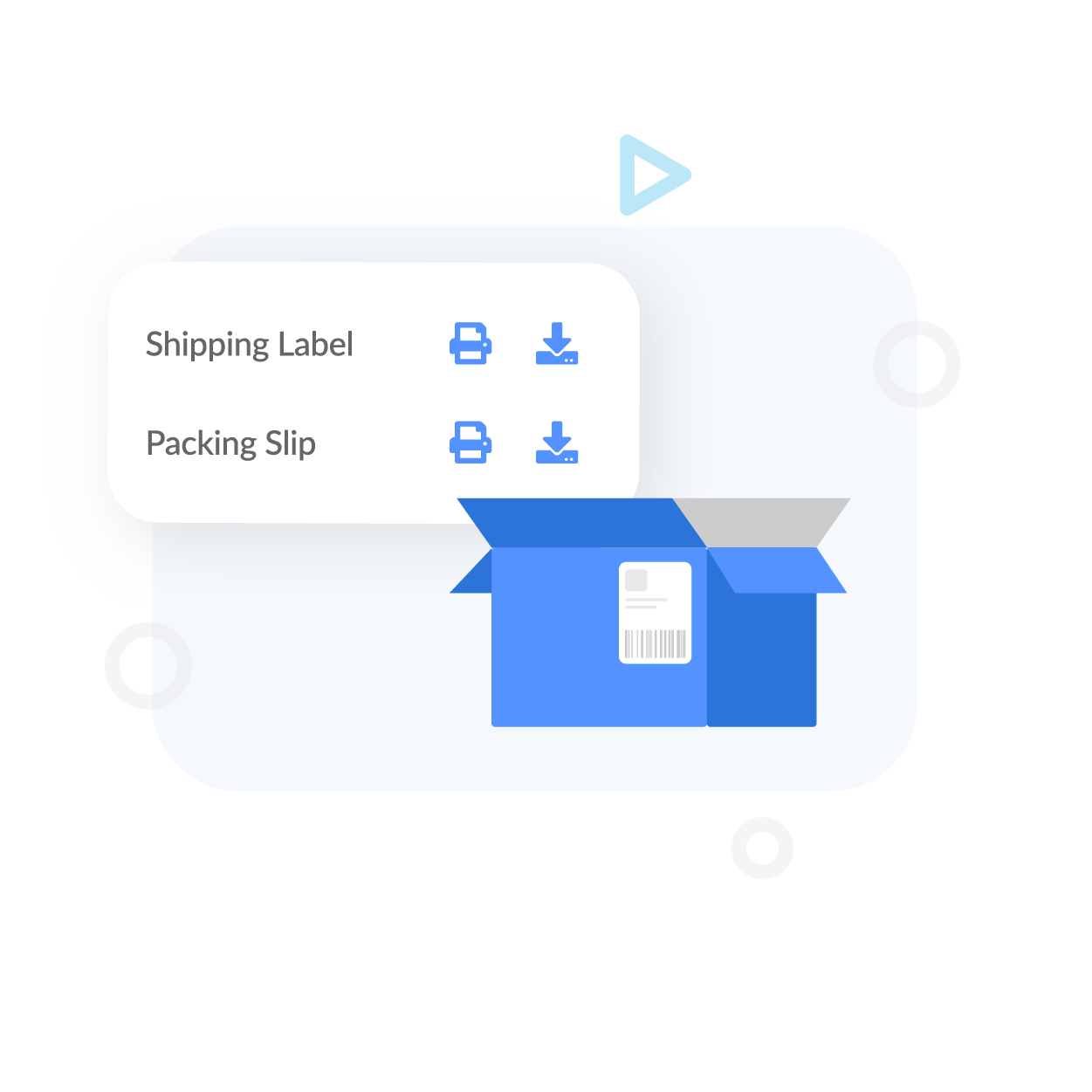 Printing Labels screen above a shipping box